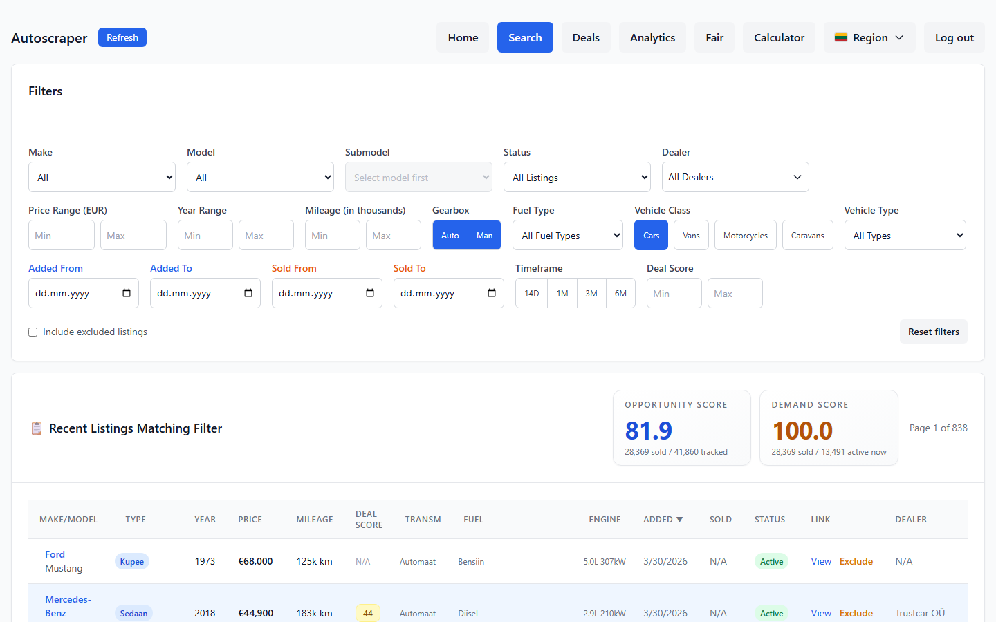 Autoscraper search workspace with filters, listing results, and opportunity and demand scoring.